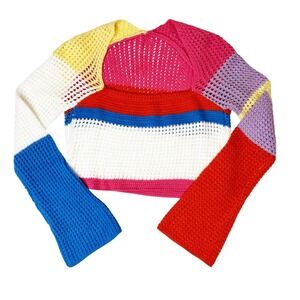 Handmade Sweater Womens‎ XS Pink Red Crochet Colorful Colorblock Cropped Knit